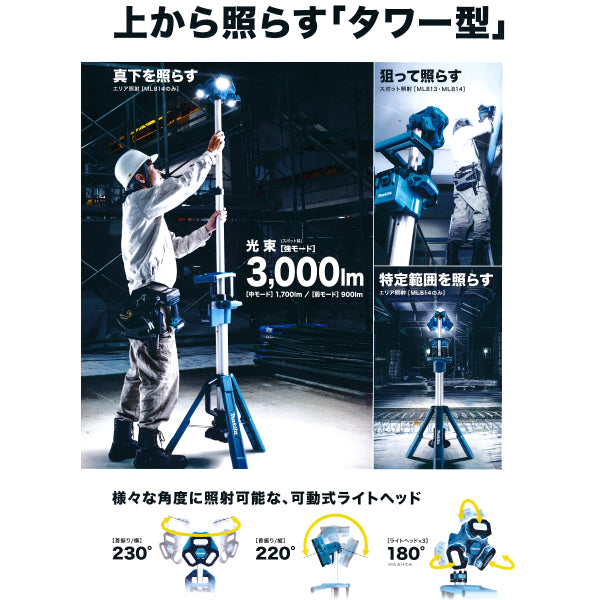 マキタ充電式タワーライト　ML814　スポット・エリア照射　バッテリ、充電器別売