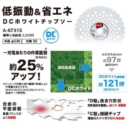 マキタ刈払機用DCホワイトチップソー A-67315　230mm 内径25.4mm 充電式草刈機に最適